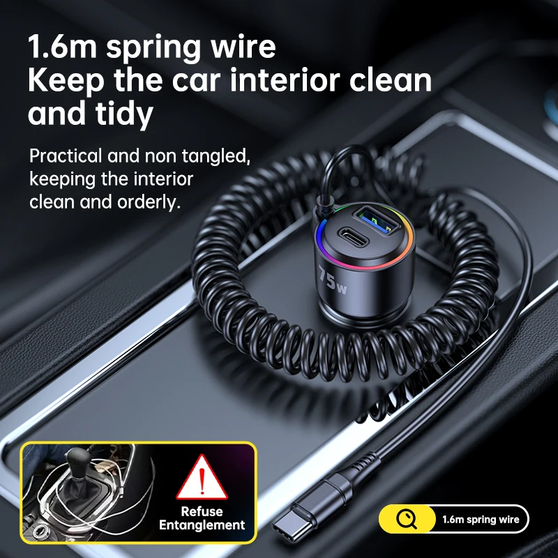 شاحن سيارة بلوتوث جديد 75 وات، شاحن متعدد الوظائف، منفذ من النوع C مع كابل زنبركي بإضاءة LED، موصل USB من النوع C #6