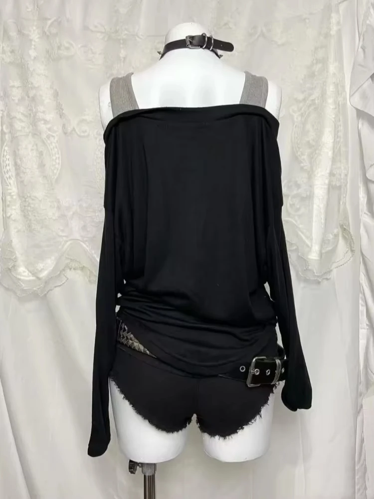 Y2k Emo Women Streetwear Acubi Fairycore Tops Long Sleeve Aesthetics Off Shoulder Tshirt Goth Grunge T-shirt 2000s Alt Clothes