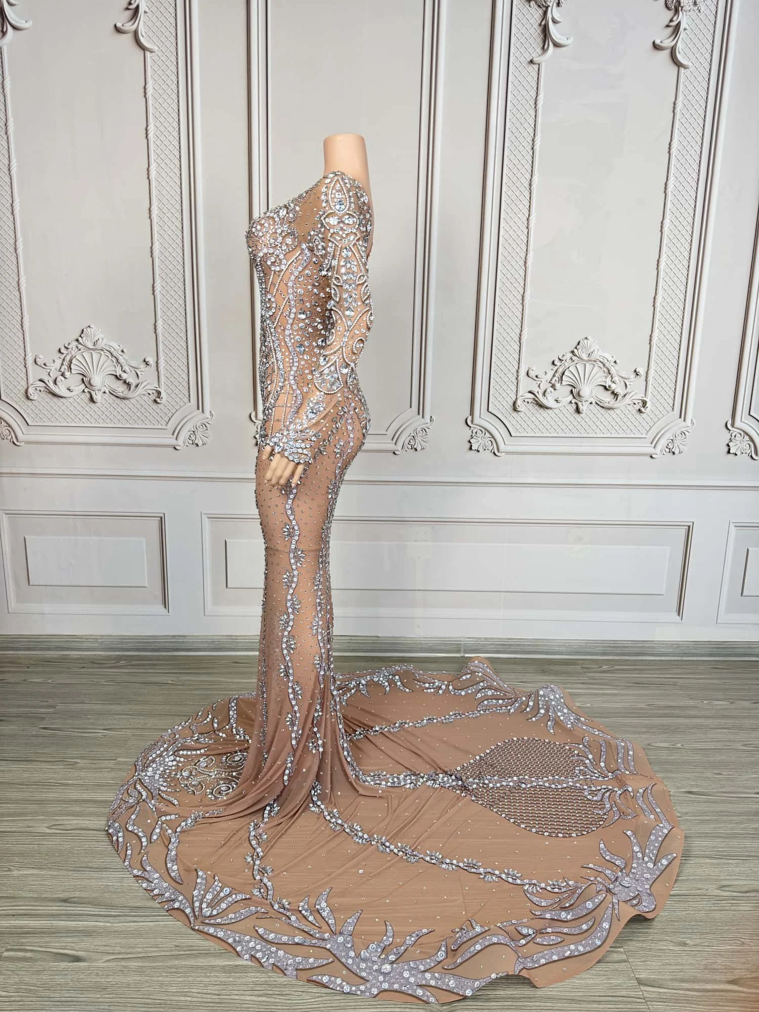 섹시한 아름다움 피쉬테일 이브닝 드레스 화려한 다이아몬드 퍼스펙티브 메쉬 파티 연회 연예인 레드 카펫 런웨이 가운 huacong
