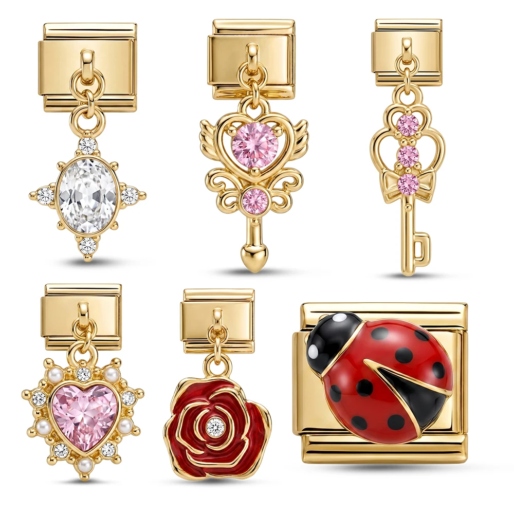 Italienisches Charm-Armband mit Herzanhängern und Perlen, Modeschmuck für Damen, DIY Elastisches Armreif-Geschenk