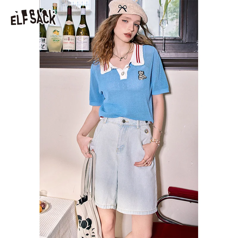 

ELFSACK 2024 Summer New Polo collar hollow college style casual versatile thin short-sleeved sweater for women