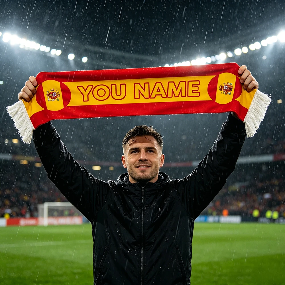 Bufanda de Fútbol Personalizada de España con Nombre, Bufanda de la Selección Nacional de España con Diseño de la Bandera Española y el Escudo, Tejida