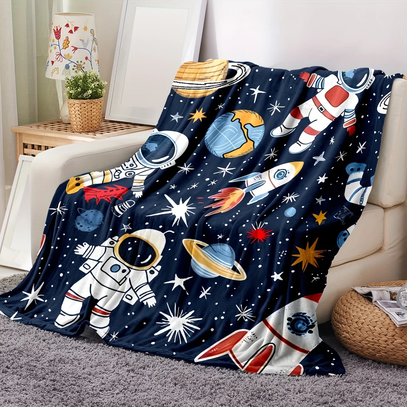 Soft Astronaut Blanket, Flannel Space Themed Throw Blanket with Planet and Rocket Print, Lightweight All Season Cover for Bed