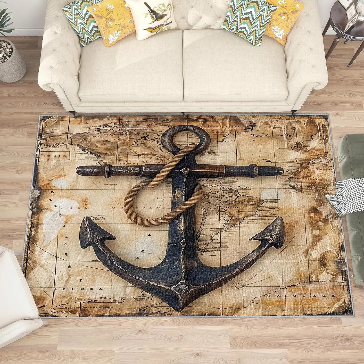 Large Rustic Nautical Sailing Map Anchor Coastal Maritime Area Rug Washable Non Slip Carpet for Living Room Bedroom Home Decor
