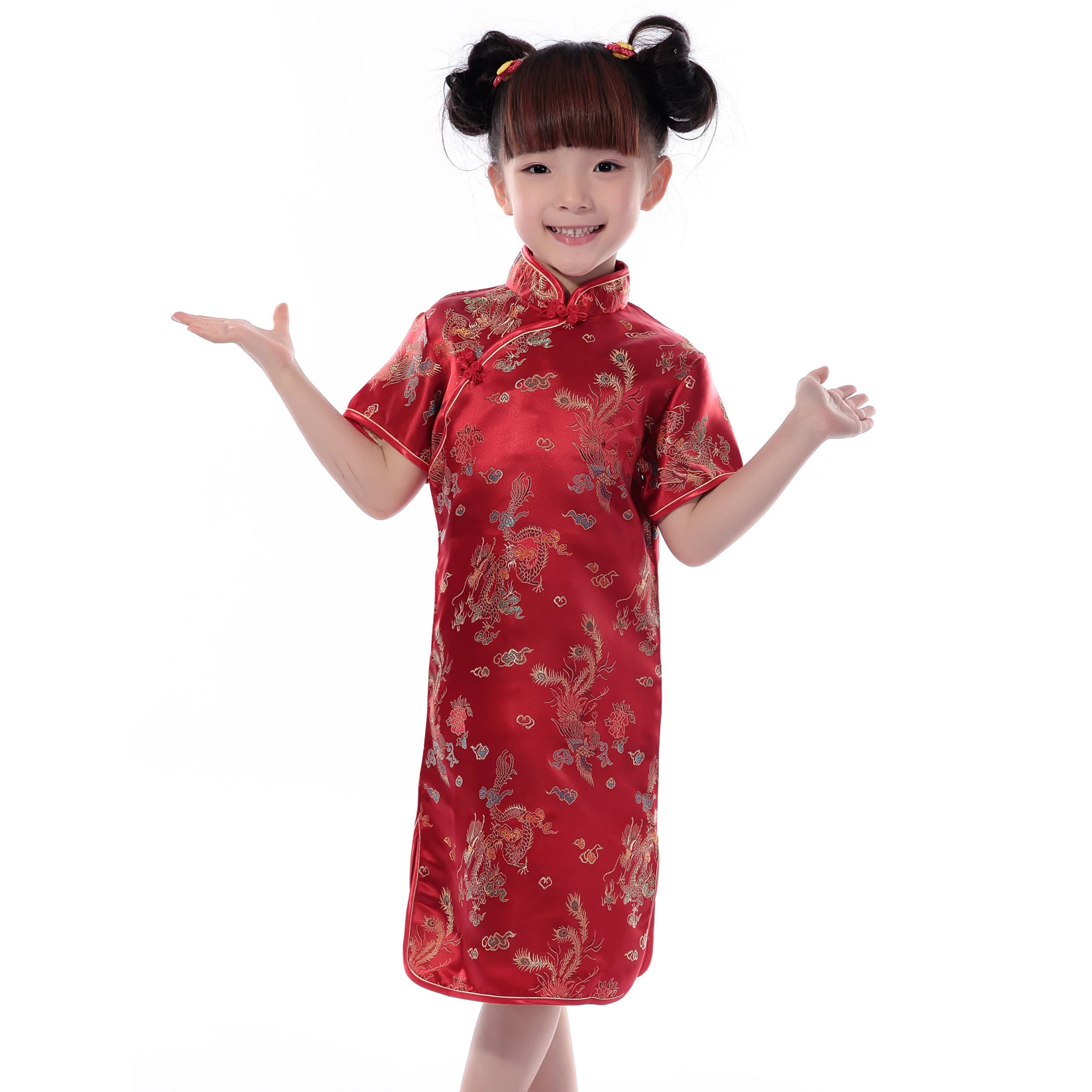 Chinese Traditional Dress Short Sleeve Girl Vintage Mandarin Collar Cheongsam Vestidos Blue Hand Button Satin Dragon Qipao