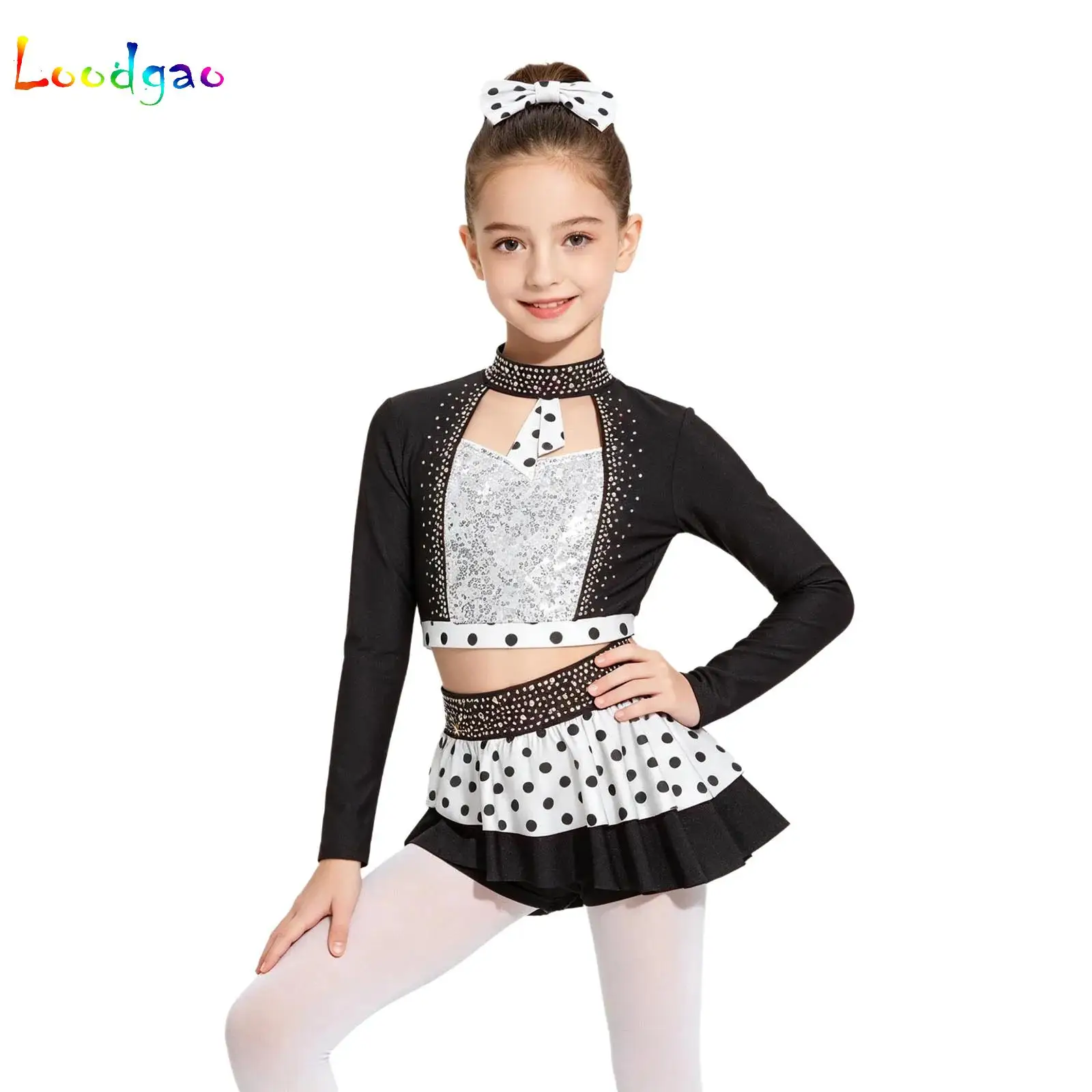 Girls Dance Suit Shiny Rhinestones Jazz Dance Outfit Long Sleeve Crop Top with Skirted Shorts Competition Performance Costumes