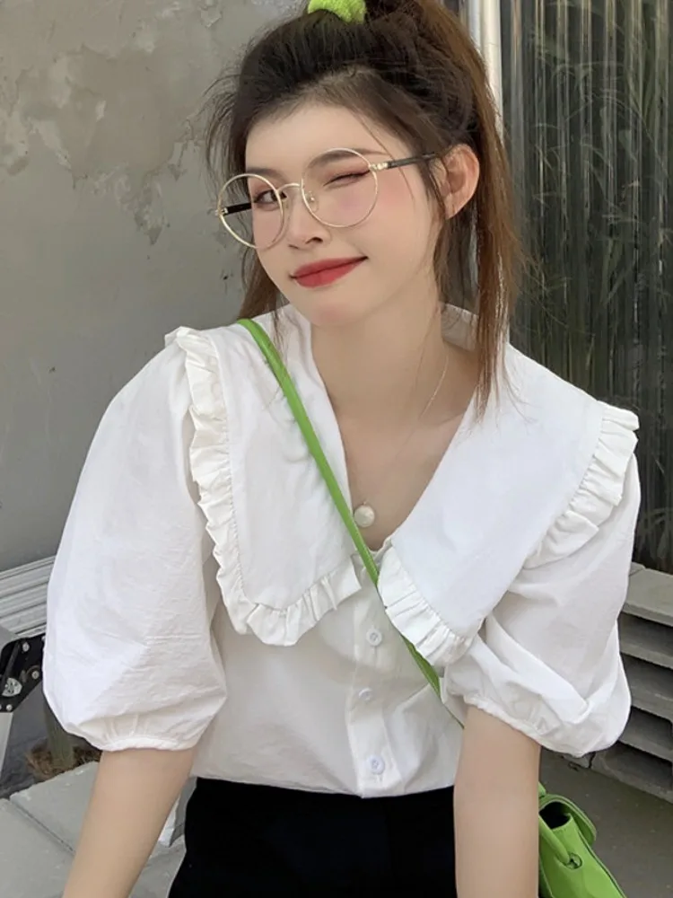 

Дизайнерская женская блузка с воротником-стойкой и рукавами-фонариками в корейском стиле, однотонная, на пуговицах, летняя новинка