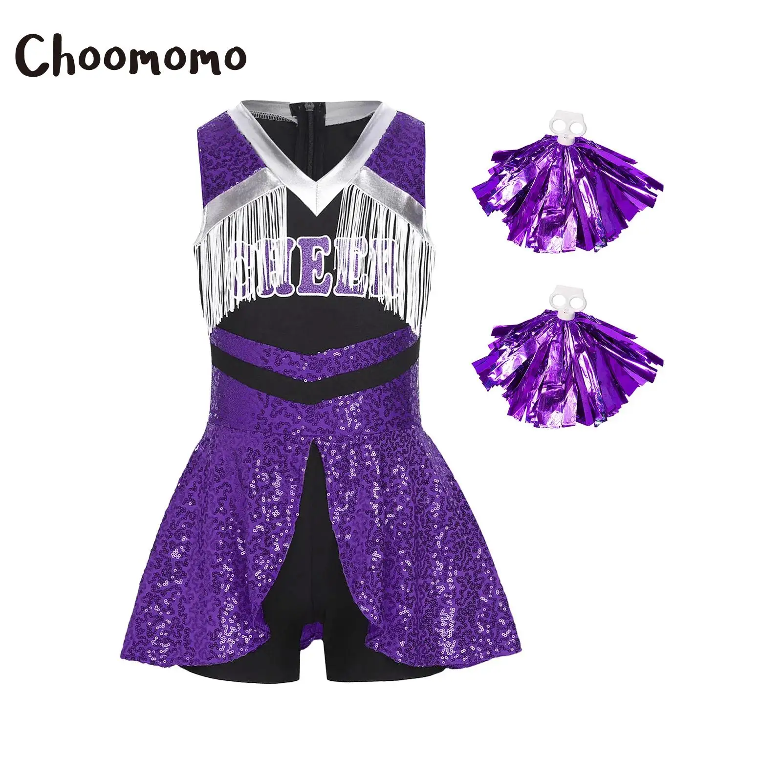 

Kids Girls Sleeveless Cheer Leader Costume Dance Performance Uniform Cheerleading Bodysuit Sequins Tassels Boyshorts Jumpsuit