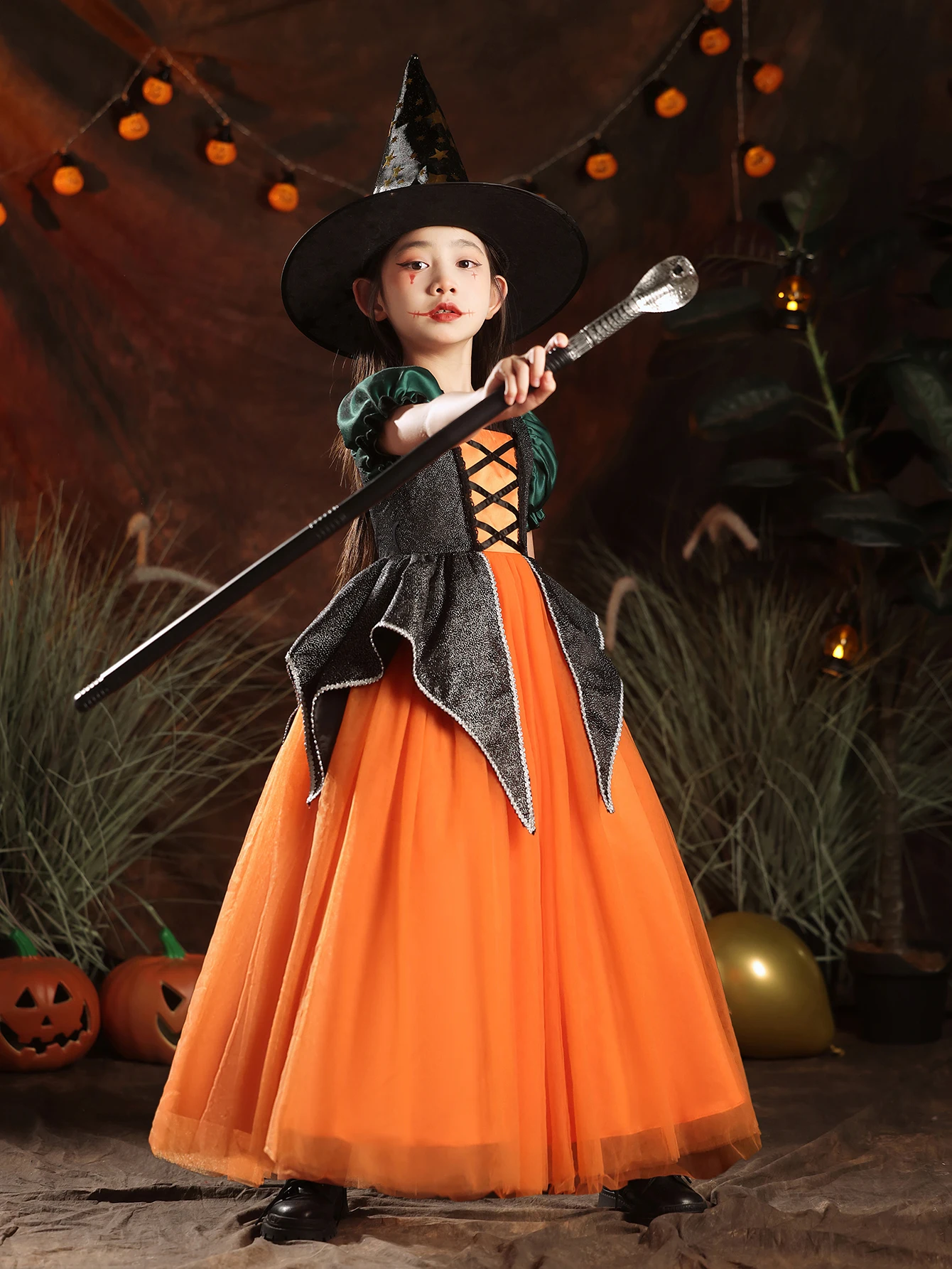 Pumpkin Colored Girls' Dress Specially Designed For Parties Gatherings And Performances Featuring  Fluffy Gauze Skirt Long Dress