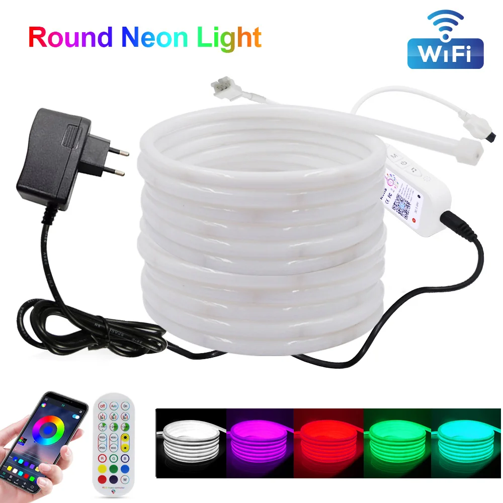 WS2812B LED Strip Neon Light RGB Rainbow 360 Round Tube Silicone Rope Lights Wifi Smart Remote Control 24V Power Kit Waterpoof