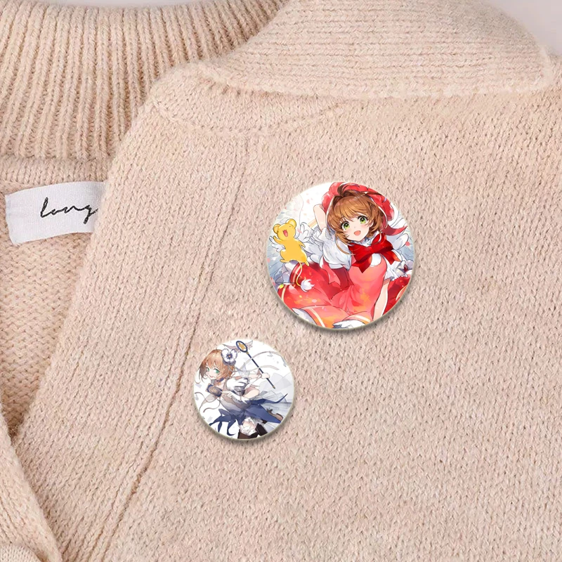 Anime Dos Desenhos Animados Rodada Display Lapela Pins, Broches Impressão HD, KINOMOTO SAKURA Badge, Roupas Mochila, Acessório de Presente, 32mm, 44mm, 58mm