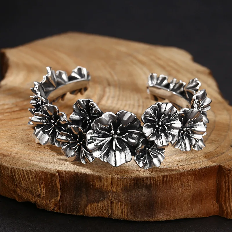 S925 Sterling Silver Flower Bangle Old Process Free Size Heavy Body Women Fine Jewelry FYBT133