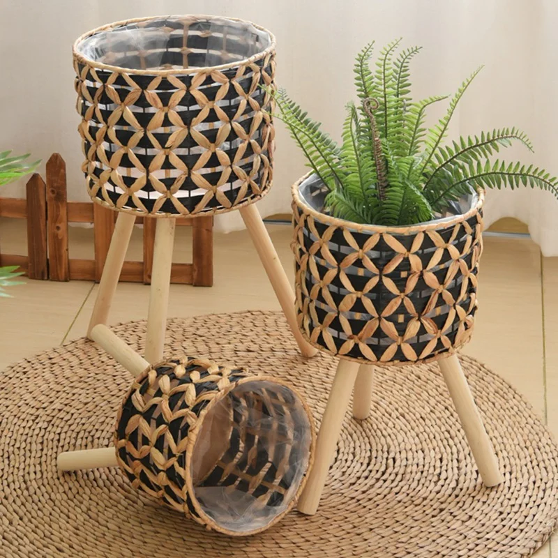 Hand-Woven Flower Stand Wooden Rattan Floor-Standing Balcony Plant Pot Living Room Green Plant Basket