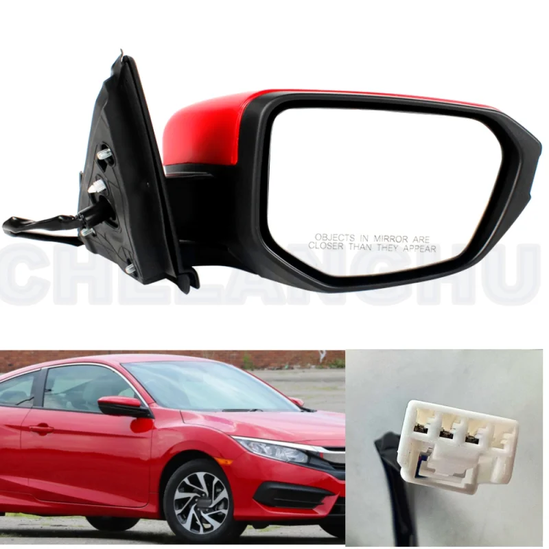 For Honda Civic 2016 2017 2018 2019 2020 2021 US Version Right Side 3 Pins Red Painted Power Adjust Mirror Assembly