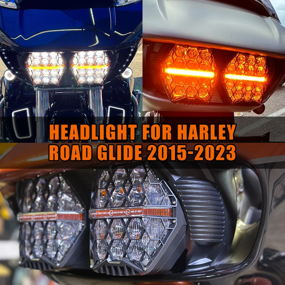 LED Head Light Headlamp Front Lamp High Low Beam Yellow Turn Signal Light For Harley Davidson Motorcycle Road Glide 2015-2022