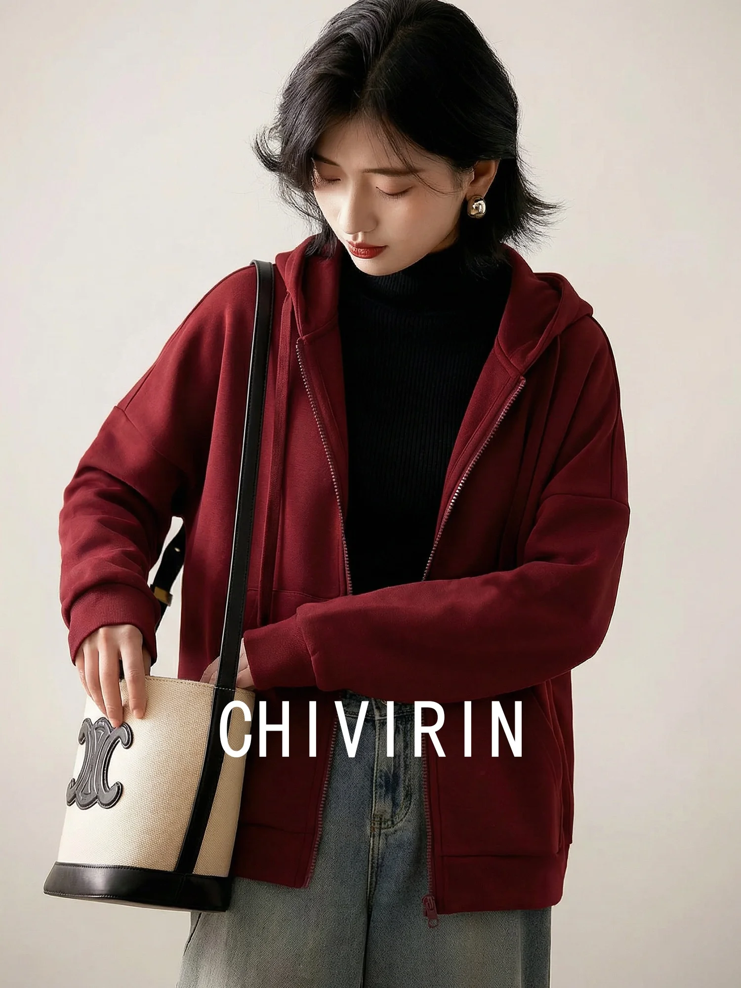 

New Year Casual Long Sve Hoodie Women's Spring Autumn New Sle Vintage Loose Zipper Jaet Comfortable Polyester Blend