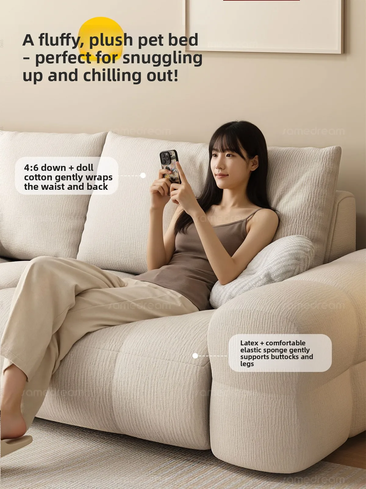 CZ Cloud Sofa Living Room New Simple Straight Double Cream Style Fabric Sofa