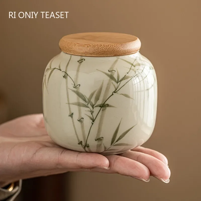 

Chinese Ceramic Tea Caddy Hand-painted Bamboo Leaf Tea Jar Travel Tea Bag Tieguanyin Sealed Container Storage Tank Teaware