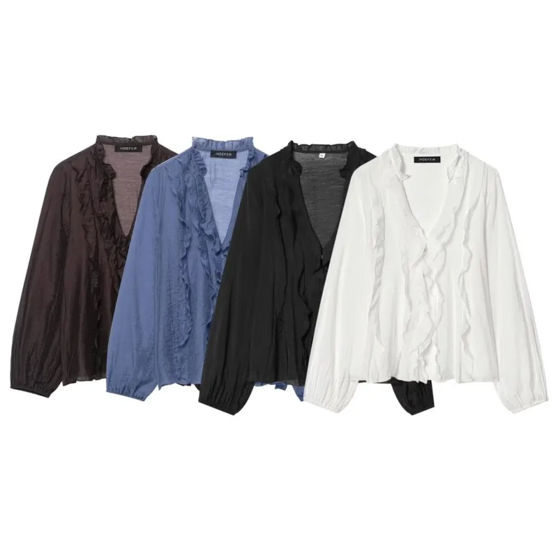 

Women Ruffled Blouse Spring Summer Fashion V Neck Elasticated Cuffs Women's Button Shirts & Blouses Casual Female Tops