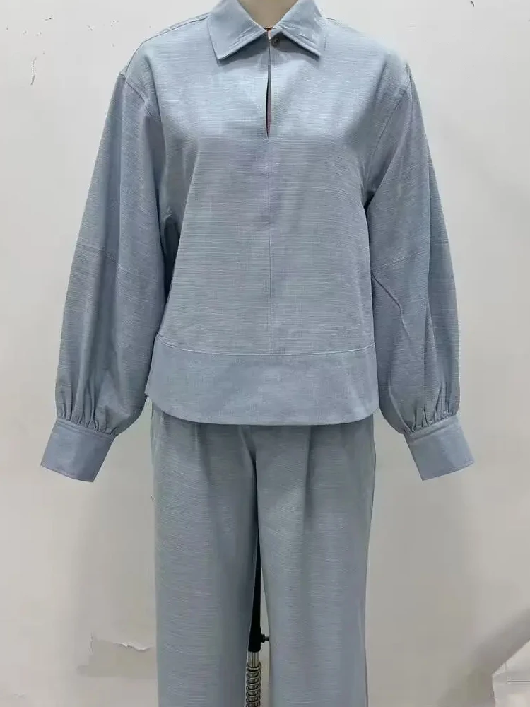 

HH Women Elegant Long Sleeve Turn-down Collar Denim Shirts+Slim Zipper Pockets Button Straight Pants Summer 2-Piece Set