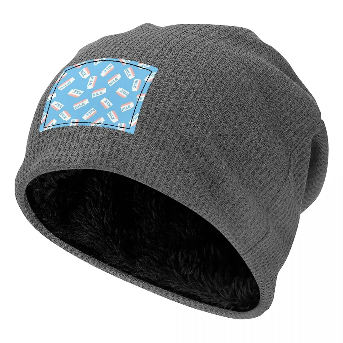 Milk Waffle Knit Fleece Lined Beanie with PU Leather Patch Unisex Warm Winter Soft Cap
