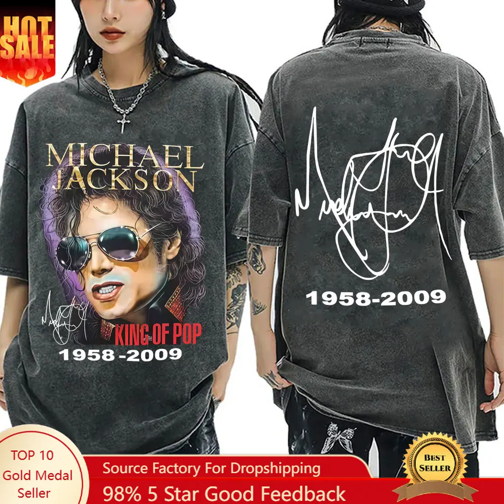 

Classic Michael Jackson King of Pop Washed Vintage T-shirt Men Women Fashion Retro Rock T-shirts Men's Hip Hop Oversized T Shirt