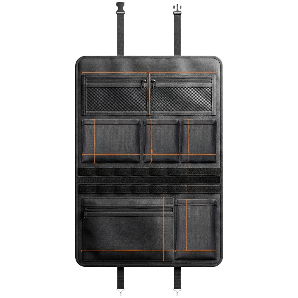 600D Oxford Cloth Car Seat Back Storage Bag with Elastic Strap Fixation and Multi Section Layout Black 60x42cm