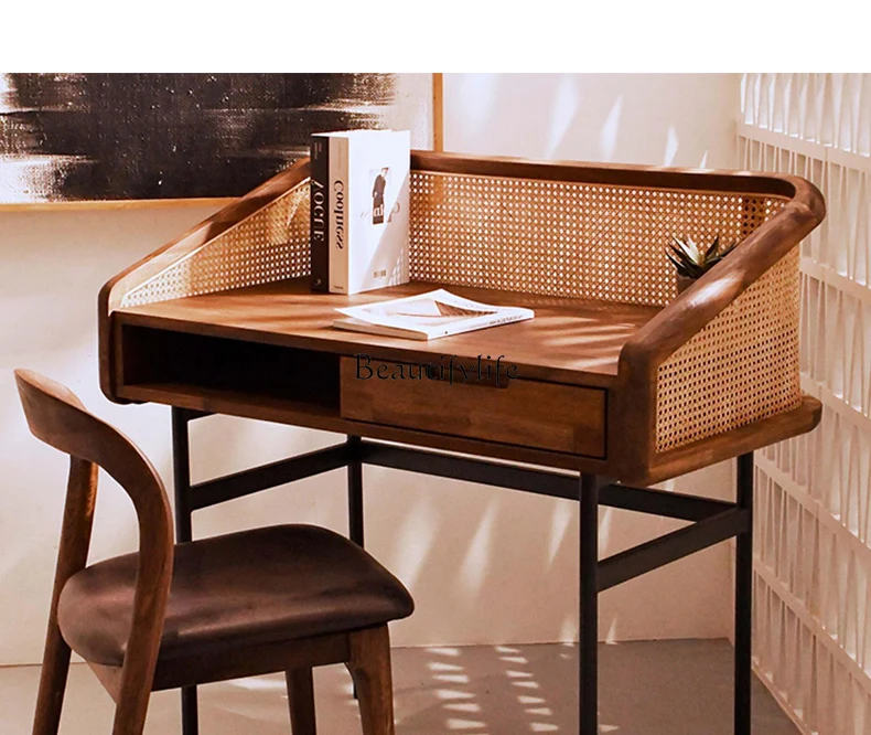 Medieval solid wood desk rattan home study small desk against the wall writing desk computer table
