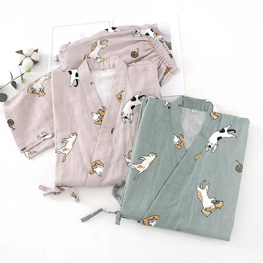 2Pcs Japanese-style Kimono Pajamas Set Cotton Blend Straight Wide Leg Cat Print Tops Long Pants Set Sleeping Home Clothes