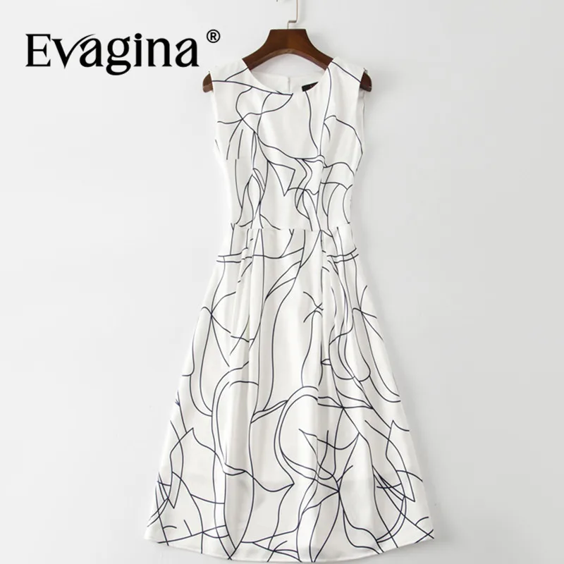 

Evagina Fashion Summer Women's Dress Sleeveless Print Commuter Office Lady White Elegant A-Line Dresses