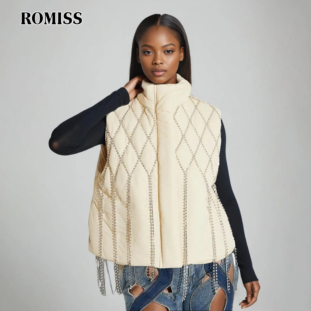 ROMISS Designer Patchwork Diamonds Waistcoat For Women Stand Collar Sleevelesss Spliced Pearls Chic Parkas Female Fashion