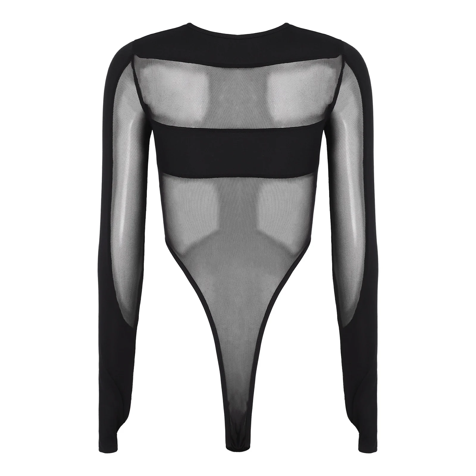 Women Fashion Bodysuit Sheer Mesh Patchwork Front Cutout High Cut Button Crotch Form Fitting Leotard Jumpsuit Party Chic Clothes