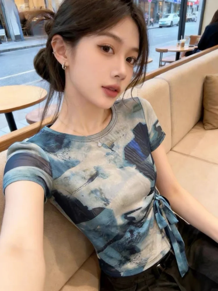 

Retro Gradient Short Sleeve Mesh T-Shirt Women's Summer New Style Slimming Thin Waist-Cinching Top Korean Style Commute