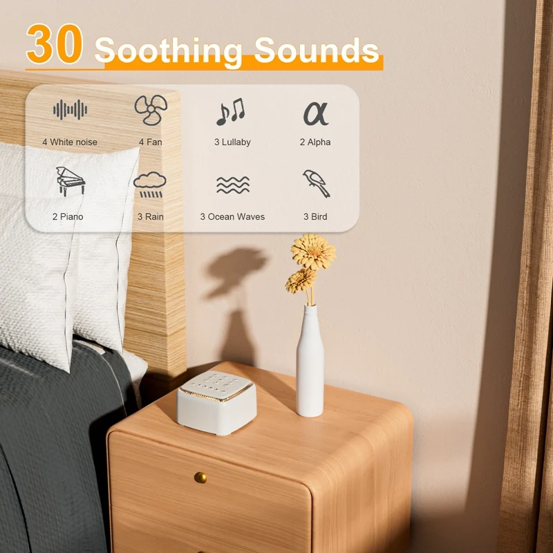 Máquina de ruido blanco, máquina de sonido recargable para bebés y adultos, 30 sonidos calmantes y luz cálida para dormir duradera