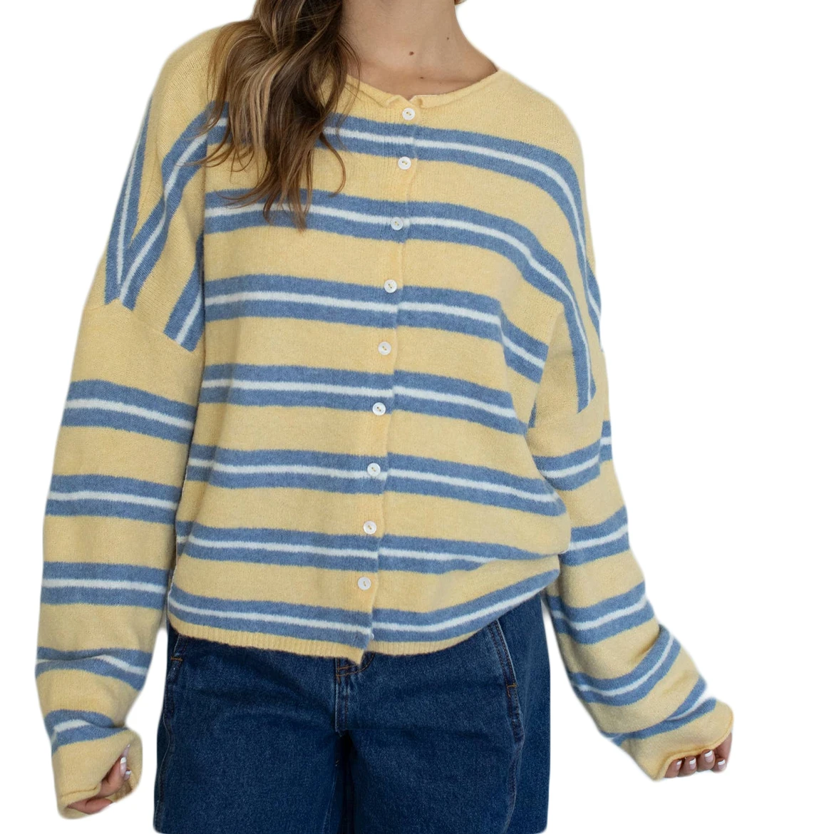 เสื้อสตรีลายทางติดกระดุมแขนยาว คอกลม สไตล์ลำลอง เสื้อสเวตเตอร์แบบสวมสำหรับฤดูใบไม้ร่วง เสื้อคาร์ดิแกนถักทันสมัยสำหรับใส่ในชีวิตประจำวัน