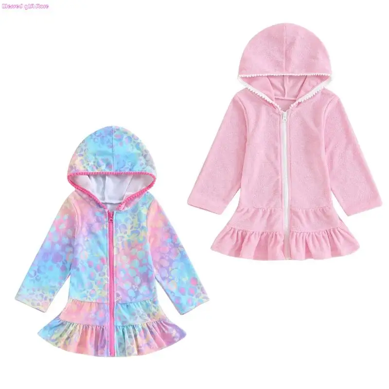 D0JC Childrens Swim Cover Up Cosy Hooded Beach Dress Swim Dress For Sun Protections