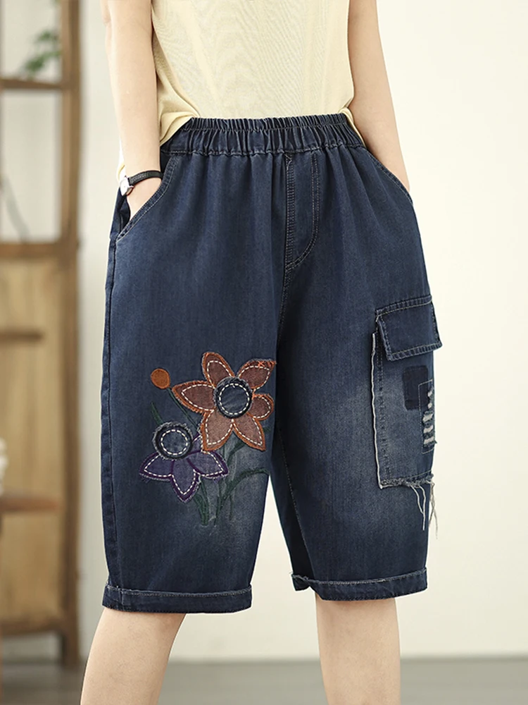 NYFS 2025 خمر المرأة فضفاضة حجم كبير الجينز مرونة الخصر طول الركبة الدنيم بنطال قصير موضة الصيف #3