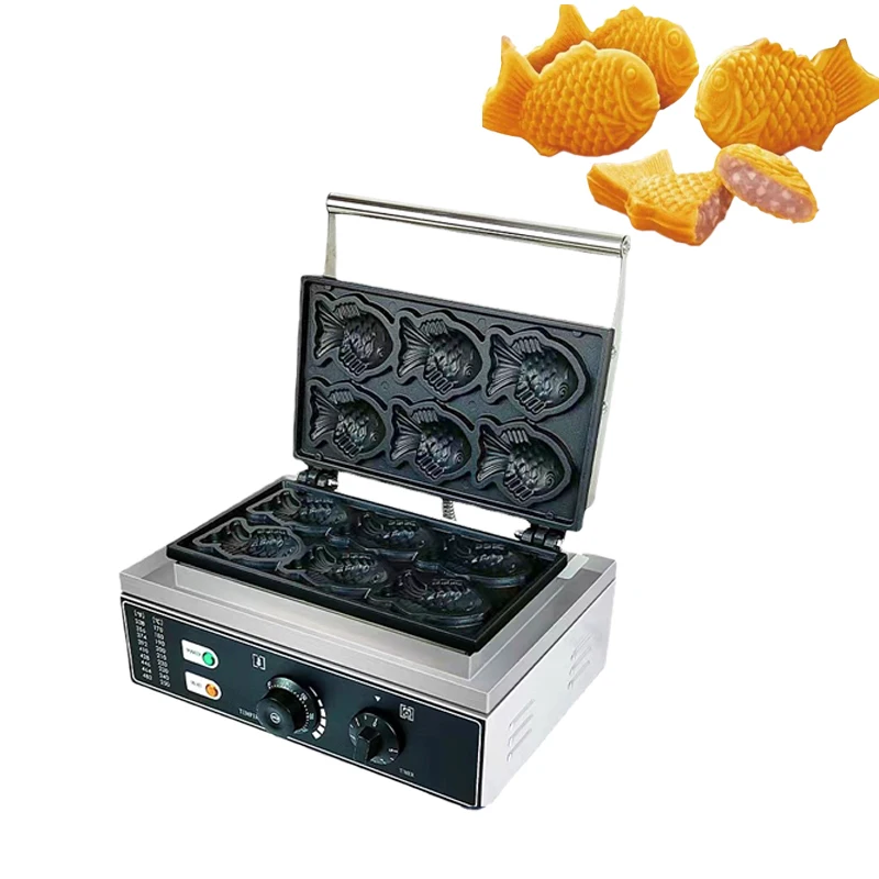 

Commercial 6 pcs electric Taiyaki Fish Waffle Maker 1500W Non-stick Coating Commercial Snack Machine 110v/220v