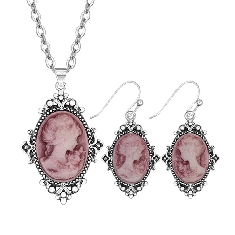 8 Colors Classic Vintage Look Lady Cameo Sets For Women Antique Silver Plated Victoria Pendant Necklace Earring Jewelry