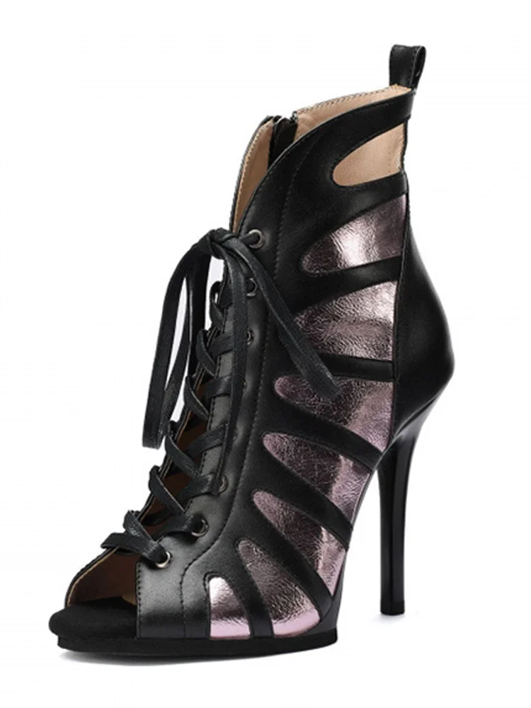 Pump High-Heel Jazz Dance Shoes Lace-Up Ankle Boots with Soft Soles Color-Block Black Purple Silver Leather 11cm 9.5cm High Heel