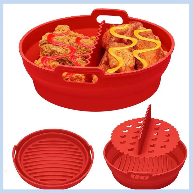 

EAS-Air Fryer Silicone Liners 8.5Inch For 5 To 8 Qt Reusable With Divider Foldable Air Fryer Silicone Pot Non-Stick