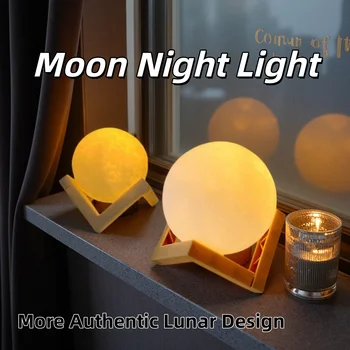 Led Moon Lamp Night Light With Stand Table 3D Print Bracket Battery Lights Warm White Multicolor Bedroom Lamps Romantic Lighting