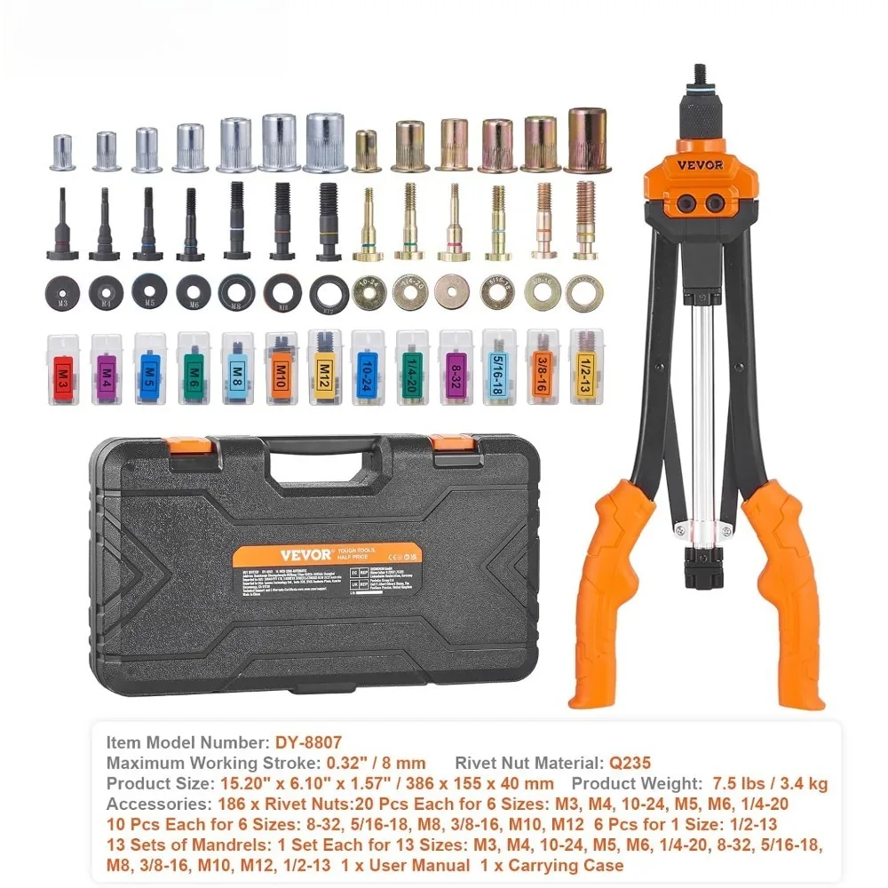 US Shipped  Tool Kit 16 Inch with 13PCS Metric SAE Mandrels 186PCS Rivet Nuts Semi Auto Retraction