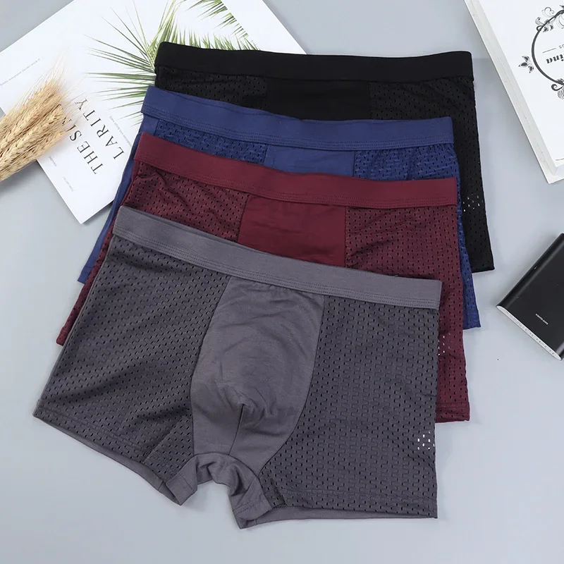 1Pc Men Bamboo Underpants Mesh Breathable L-5XL Boxee Men Underwear Brief Underpants Male Sexy Solid Boxer Shorts