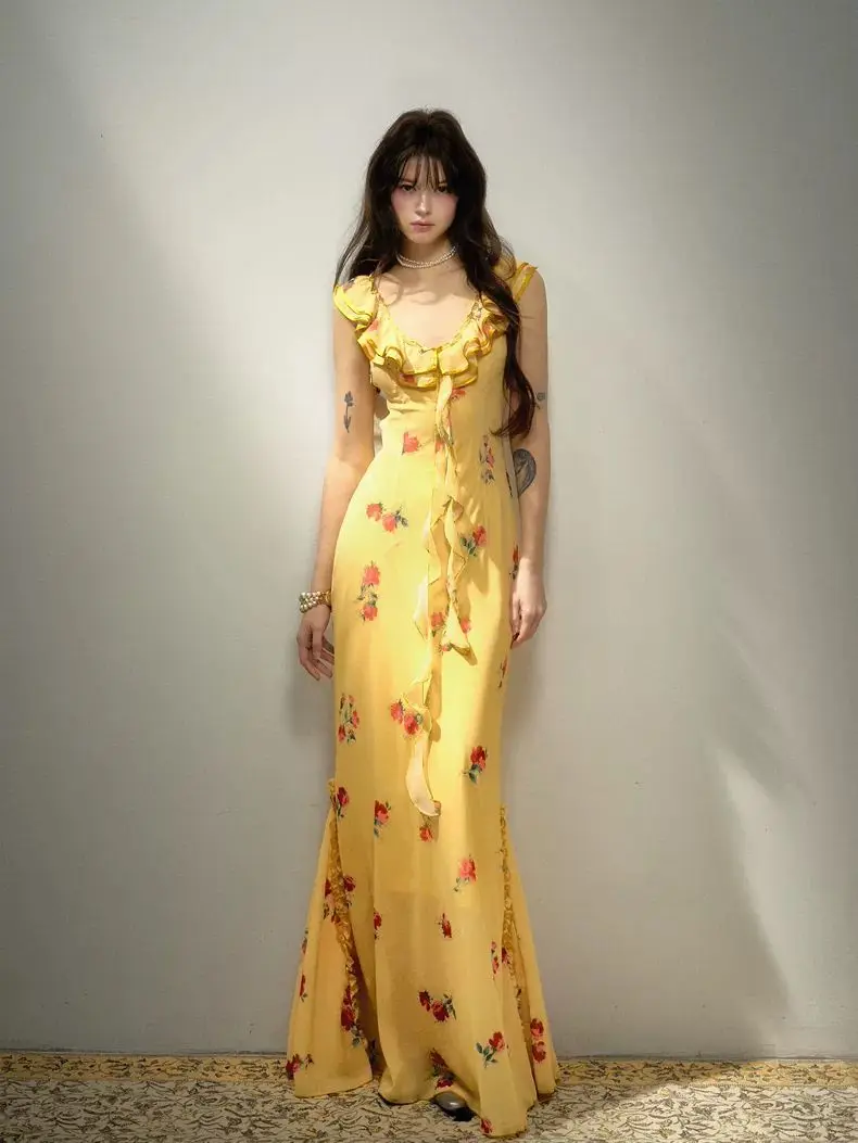 Nonsar vintage crepúsculo rosa babados amarelo estilingue vestido floral feminino francês elegante sexy gola v magro praia vestidos longos