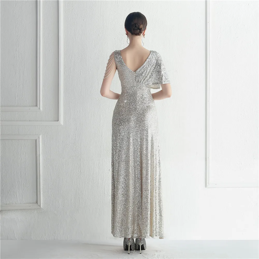 DEERVEADO Cap Sleeves Silver Sequins Evening Dress Long Elegant Party Dresses for Women 2023 Formal Occasion Dress Prom Gown