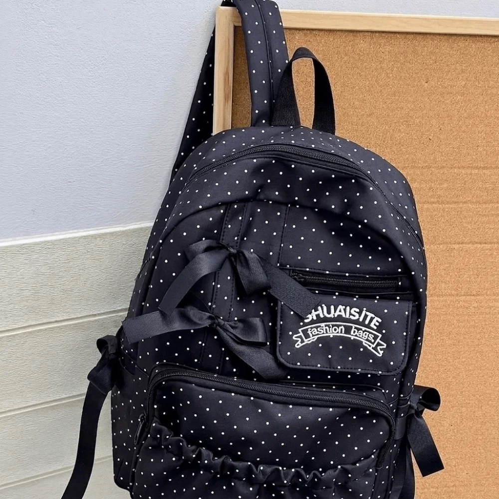 Fashion Nylon Polka Dot Bow Backpack Large Capacity Zipper Closure Daypack Multi-Compartment Polyester Lining School Bag Casual