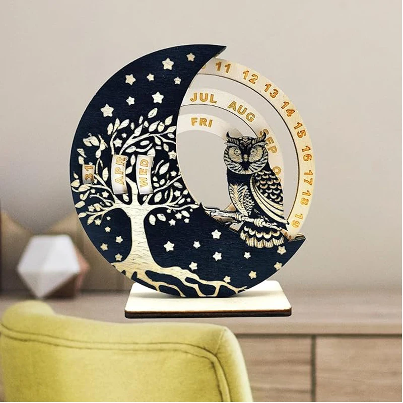 Perpetual Calendar Creative Rotatable Moon Disk Calendar,ENCIMART Desk Calendar,6 Inch Mini Wooden Calendar Desk Decoration