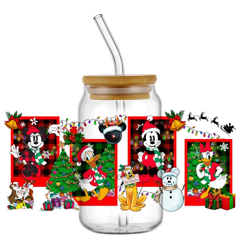 Miniso Cartoon Mickey Merry Christmas UV DTF Cup Wrap Transfer Stickers Zmywalne naklejki na szklaną puszkę Libbey 16OZ DIY Naklejki na kubki