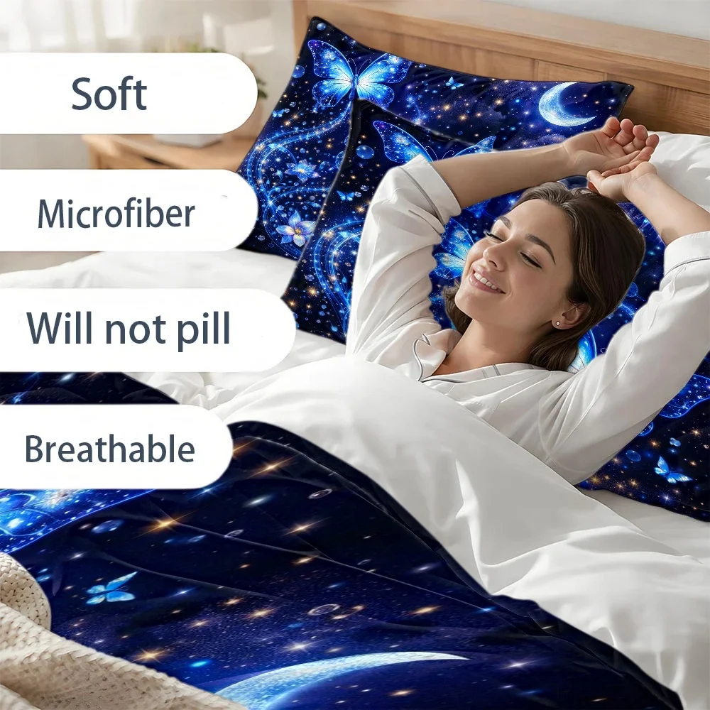 3Pc Dreamy Starry Sky Blue Butterfly Duvet Cover Set, Three-Piece Bedding Set (1 Duvet Cover + 2 Pillowcases), Suitable for All Seasons, Machine Washable, Invisible Zipper Double Bed Cover, Suitable for Home, Dormitory, Master Bedroom, Guest Room, Large Bedding Set, Dazzling Starry Sky Butterfly Print Bedding, Soft and Skin-Friendly Bed Cover Set, Hot-Selling Three-Piece Bedding Set, Starry Sky Theme Duvet Cover Set, High-Quality Bedroom Bedding with 2D Flat Print